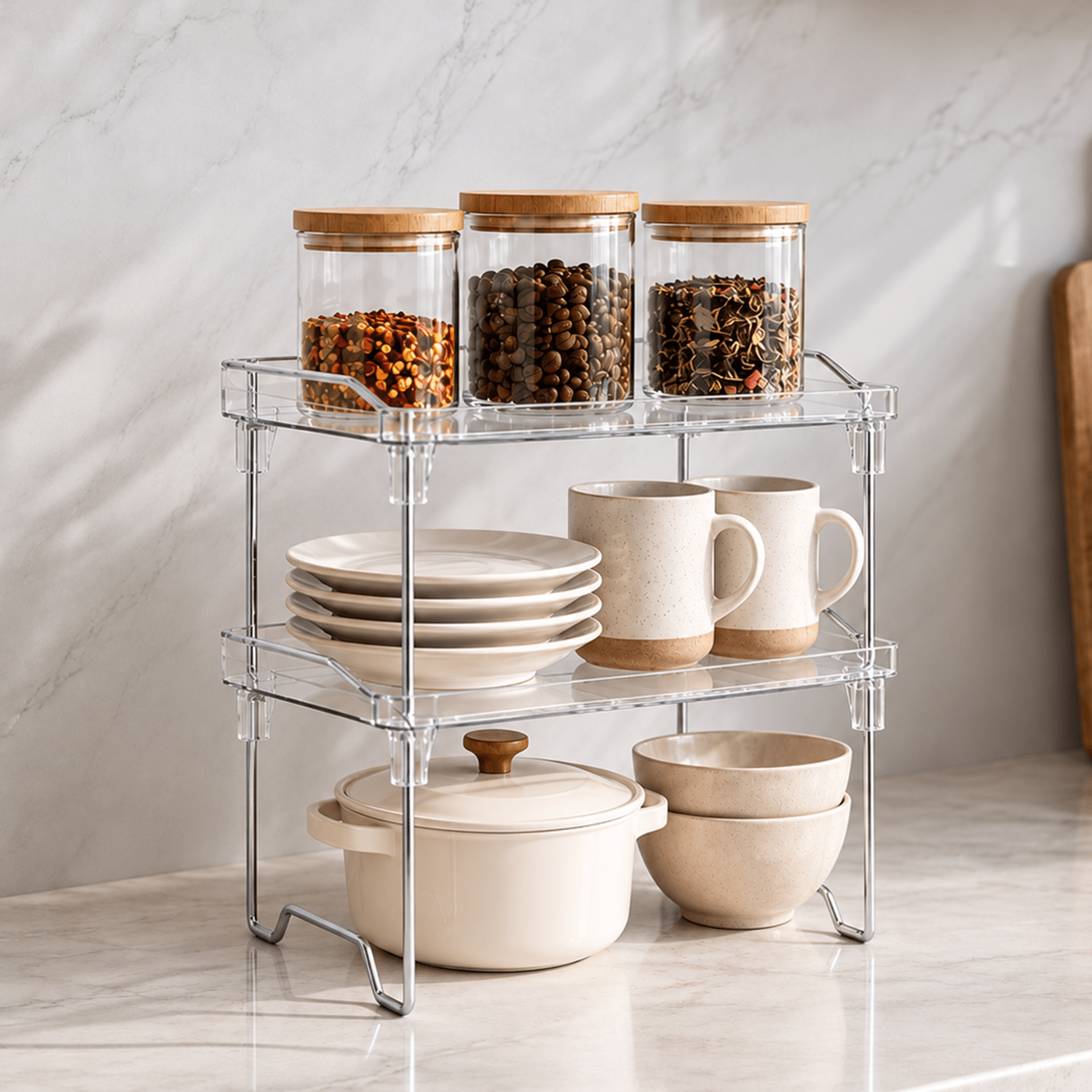 TEMU Juego de 2 Estantes Organizadores Transparentes Apilables, Almacenamiento Versátil para Encimera y Armario de Cocina, Para Especias, Tazas,