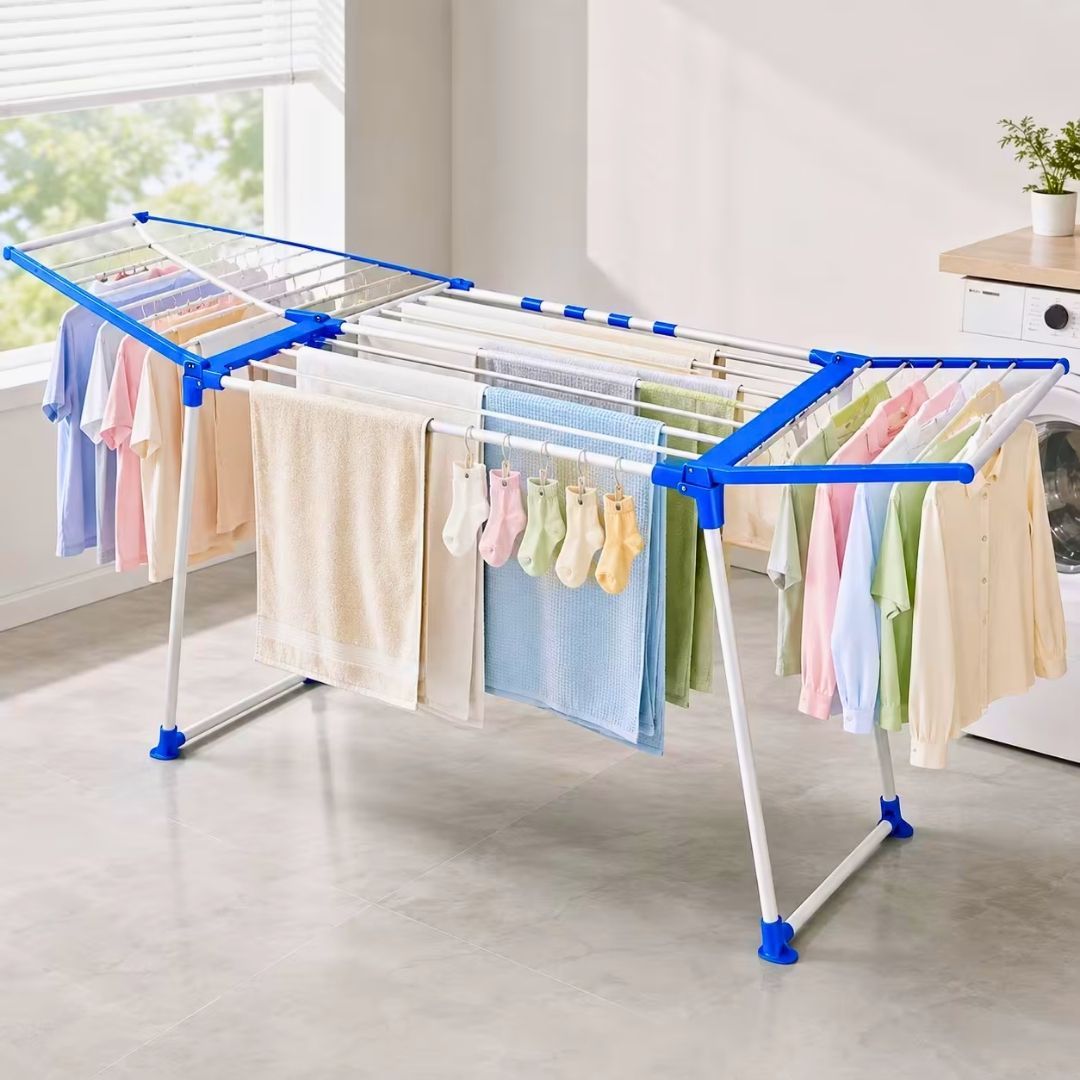 TEMU Foldable Clothes Airer Drying Rack Blue Portable Laundry Stand Space Saving Metal Clothes Dryer