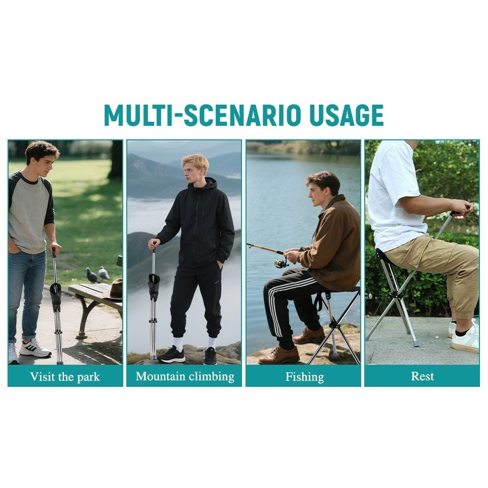 TEMU 1pc 1pc Foldable Walking Stick With Built-in Seat, Collapsible Cane & Stool, Heavy Duty Weight Capacity, Foldable Travel With Secure Locking