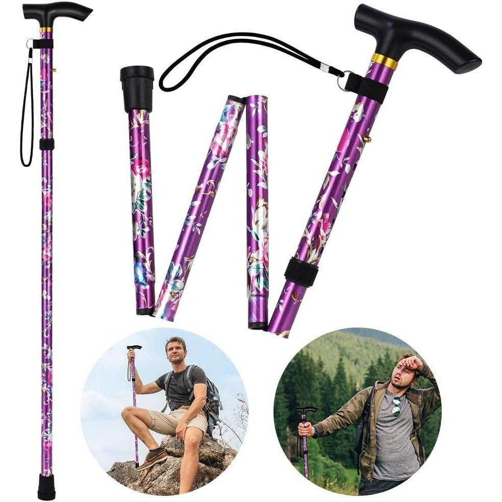 TEMU Purple Floral Print Lightweight Walking Stick, 4-section Ultralight Adjustable Folding Crutch, Ergonomic Handle Non-slip High Quality Foldable,