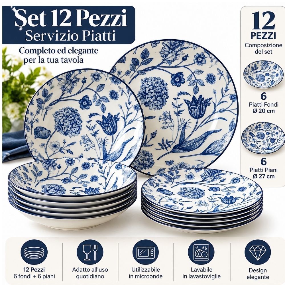 TEMU Cecaro Group Plate Service 12pcs In Porcelain – Table Set For 6 People With Decoration – 6 Flat Plates 23 Cm + 6 Deep Plates 20 Cm