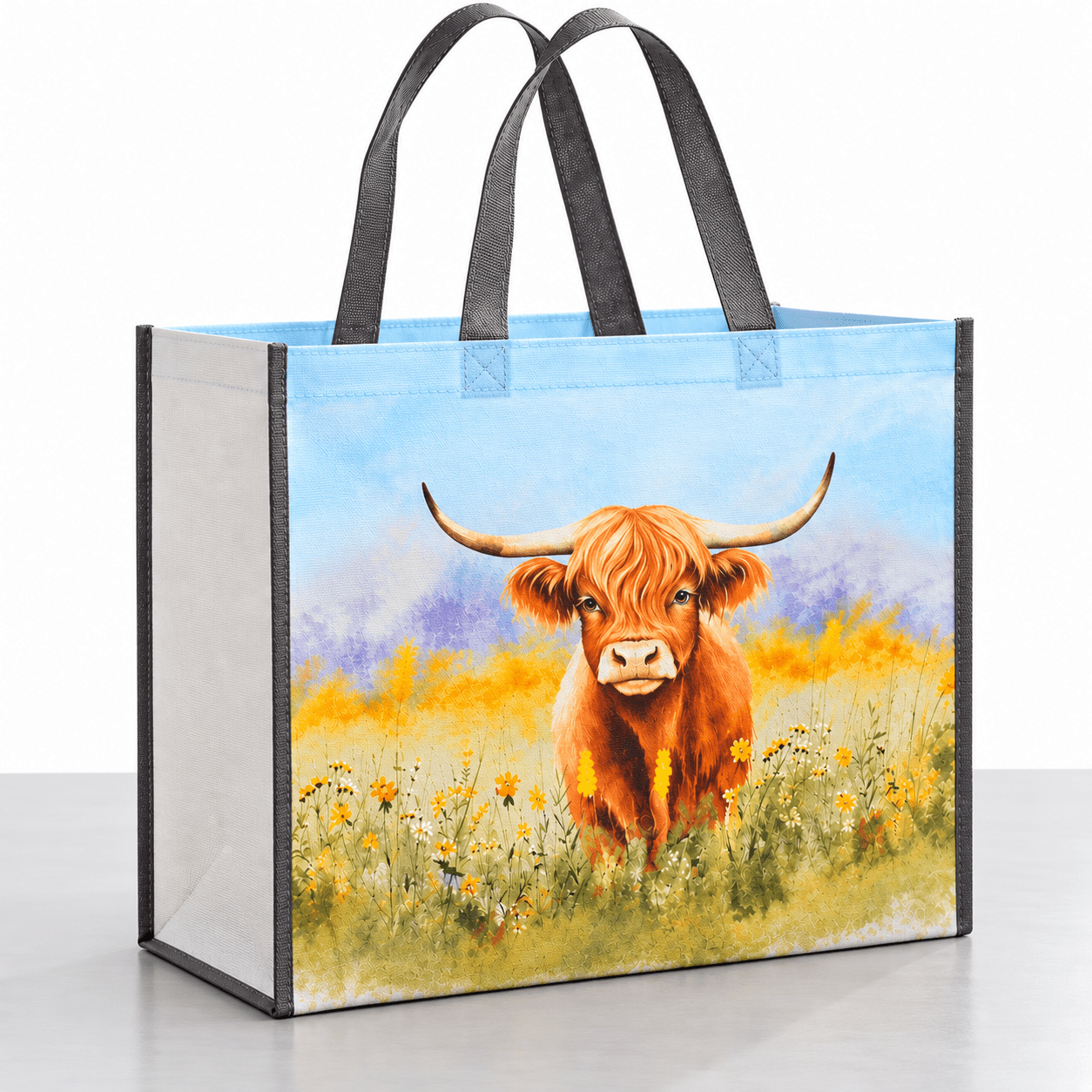 TEMU Pack Of 2 Highland Cow Shopping Bag 43x35x18cm – Large Reusable Tote Bag With Wide Gusset, Sturdy Handles, Countryside Cow Print For Groceries,