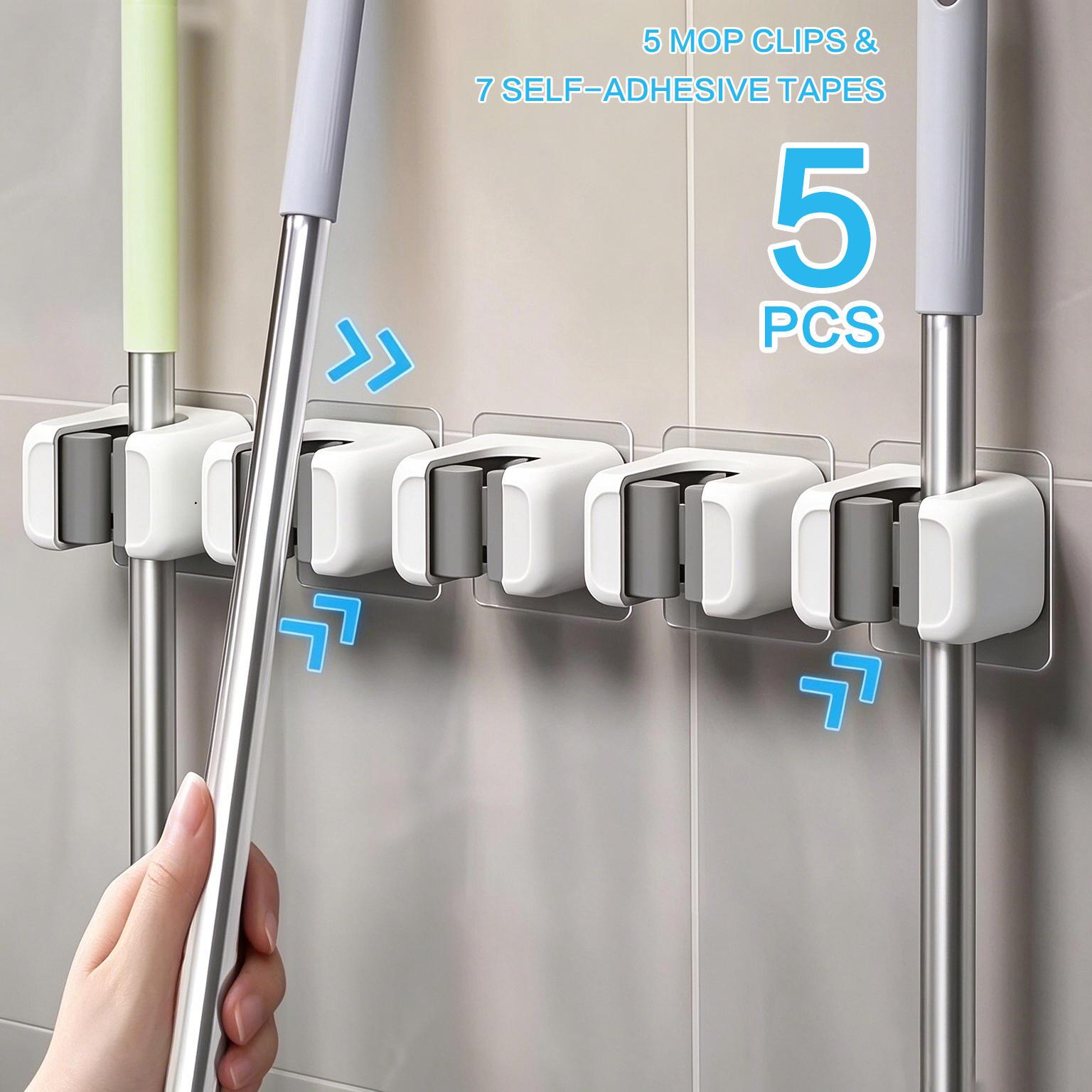 TEMU 5--mounted Broom Holder Mop Hangers – No Drill, Installation – Heavy Duty Plastic Mop & Broom Organizer With Hooks For Home, Kitchen & Bathroom