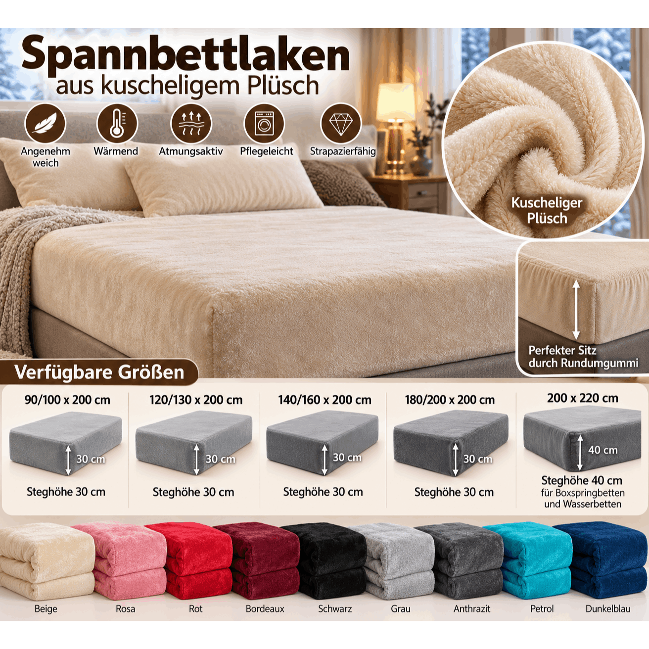 TEMU Gemütliches Weiches Teddy Spannbettlaken Winter & Herbst Polyester Teddyplüsch Weihnachten Bettlaken Matratze Weich Spannbetttuch warm Kuschelig