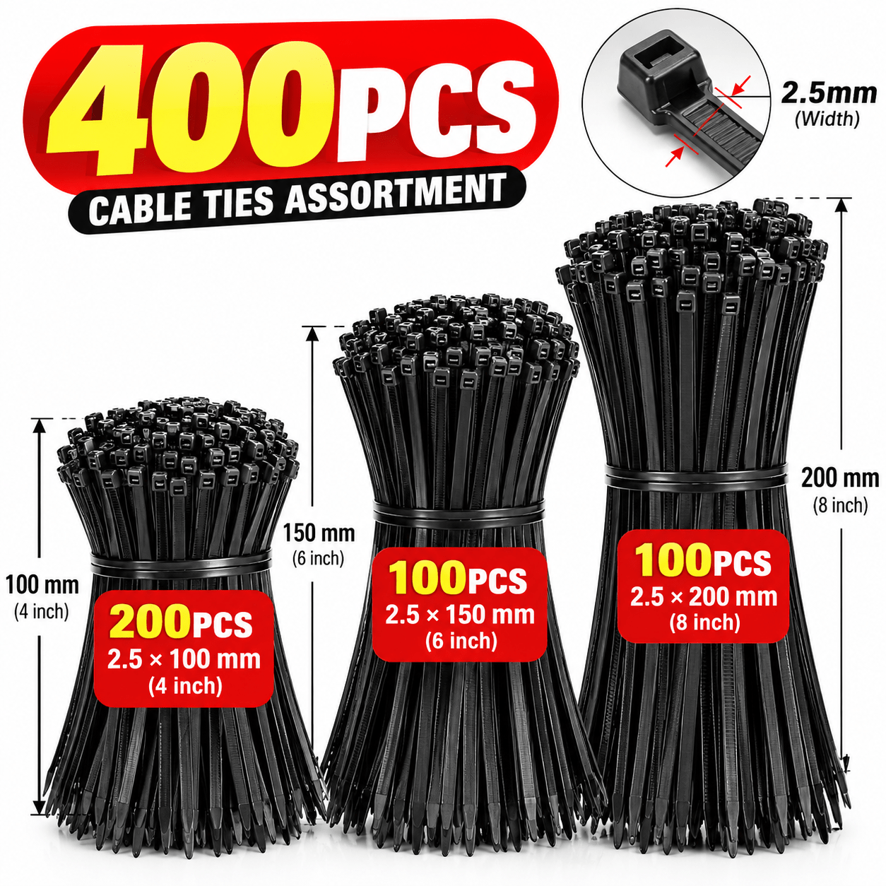 TEMU 400pcs Black Nylon Cable Ties Assorted Sizes 100mm 150mm 200mm – Self-locking Zip Ties For Cable Management, Home, Garden, Office & Diy Use