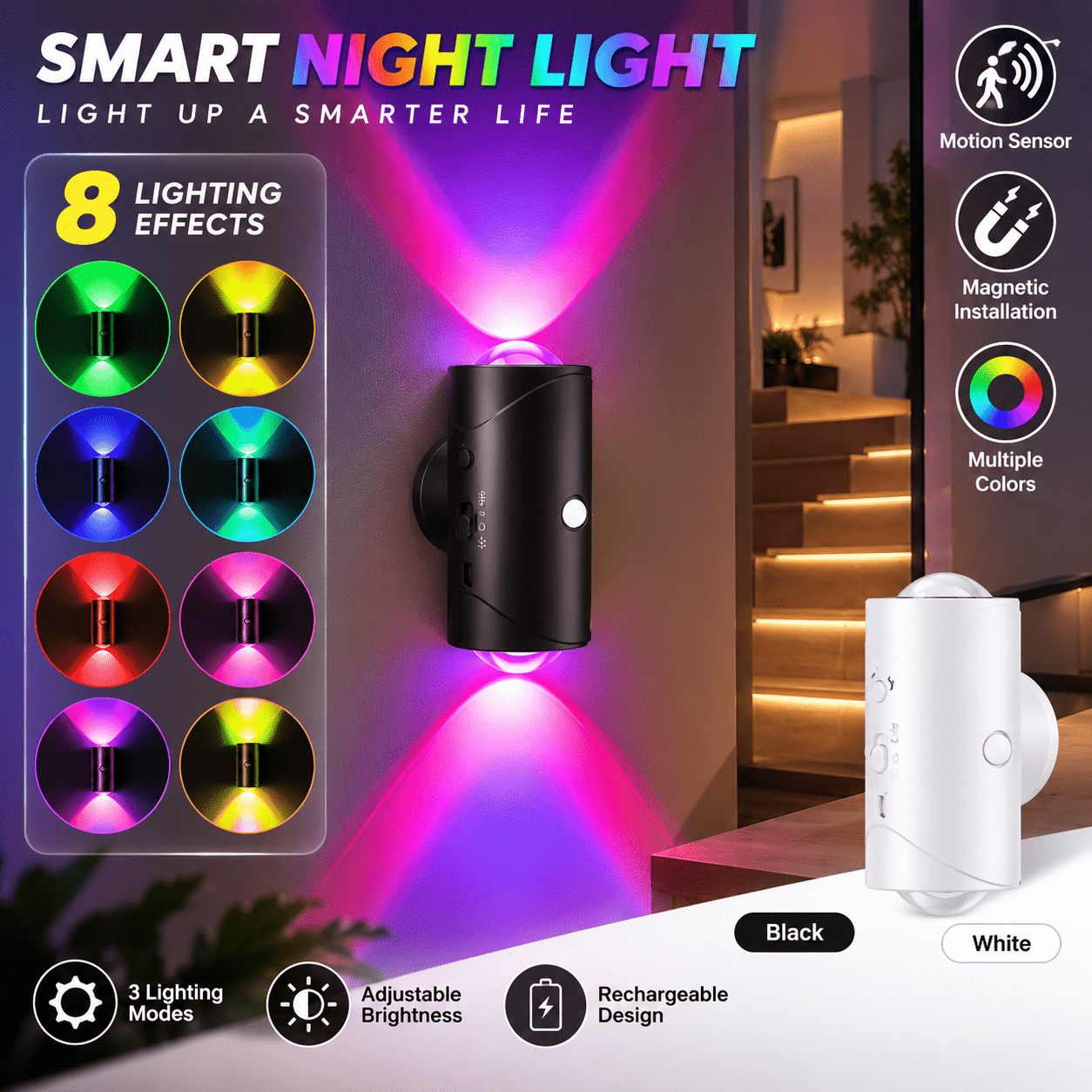 TEMU 12pcs/8pcs/4pcs Intelligent Colorful Led Night Lights With Motion Sensor, 3 Motion , Rgb Colour Gradient, Rechargeable Magnetic Wall Lamp For