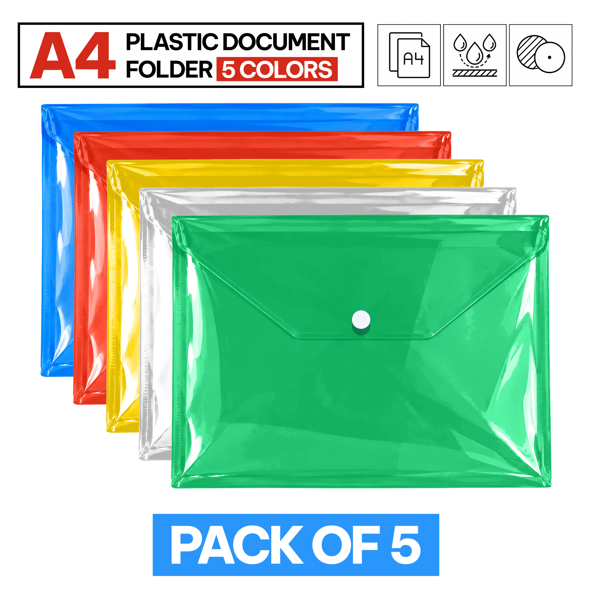TEMU A4 Plastic Wallets 5 Pack, Transparent Document Folders With Button Closure, Waterproof File Storage Pouches For Office, School & Home