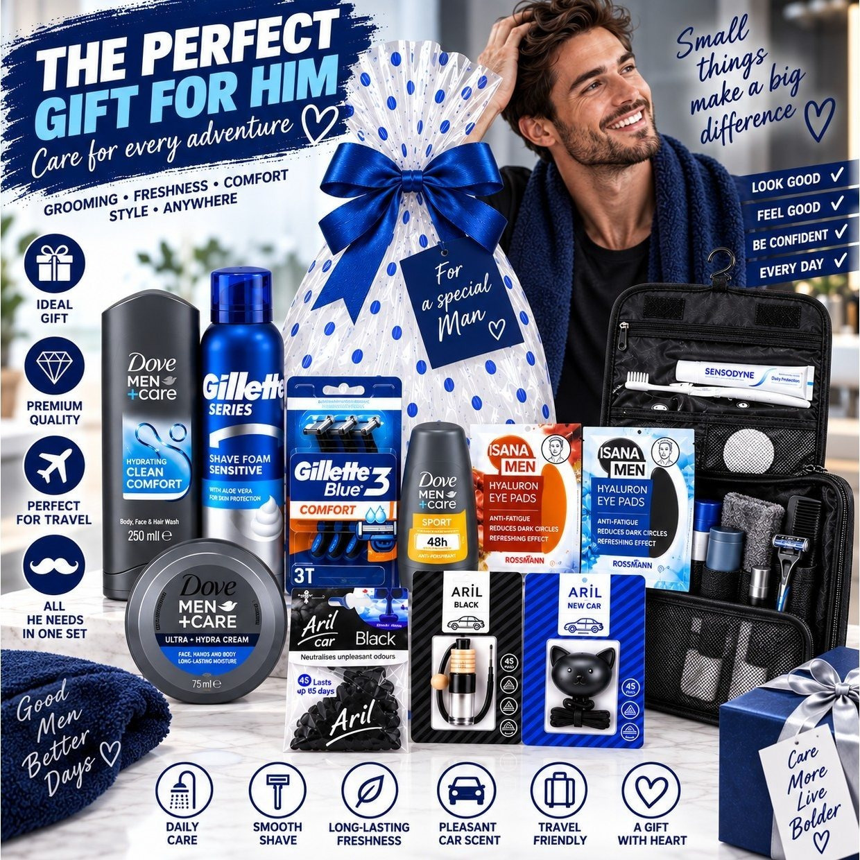 Image of Gift Set With Cosmetics For Men Men+care And Gillette Aril - 3in1 Gel, Shaving Foam 200 Ml, Razors, Antiperspirant, Cream, Travel Cosmetic Bag, 2x Men Eye Patches And 3 Car Air Fresheners.