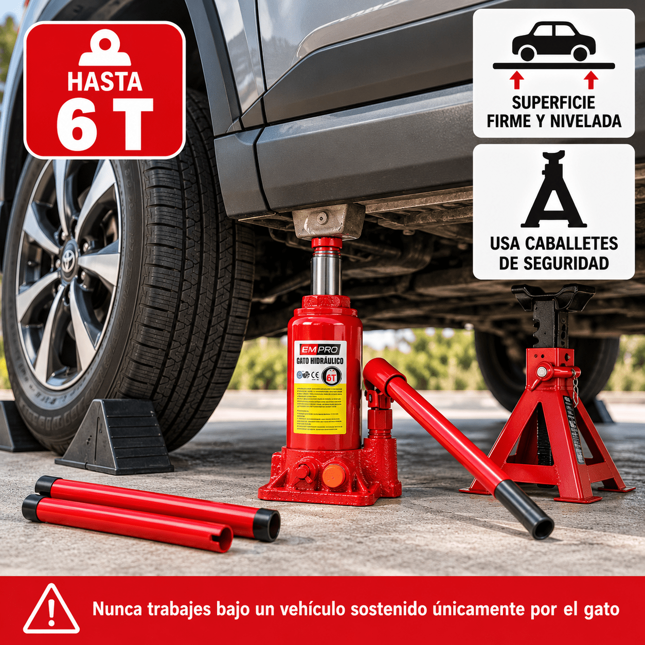 TEMU Gato Hidráulico de Botella 2/4/6 Toneladas para Coche, Elevador Manual de Acero con Palanca, Compacto y Resistente para Cambio de Ruedas y