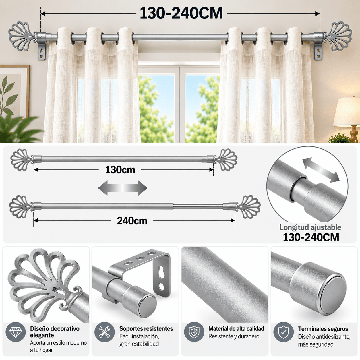 TEMU Barra de Cortina Extensible, Barra para Cortinas Ajustable con Soportes, Barra Decorativa Resistente con Terminales Ornamentales para Ventanas,