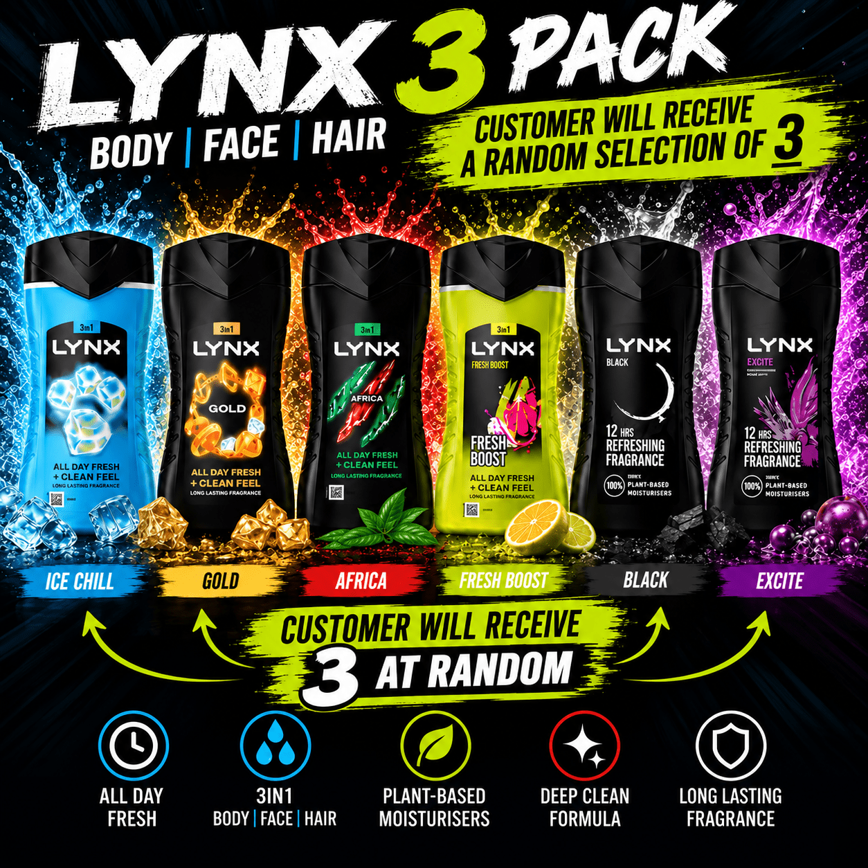 TEMU Lynx 3-in-1 Shower Gel 3 Pack – Of 3 Scents – Body, Wash