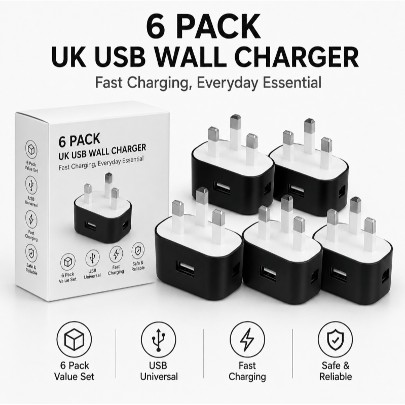 TEMU 6pcs Uk Usb Wall Charger Plug, 5v 1a Single Port Charging Usb Power Adapter, Compact And Portable Uk 3-pin Usb Charger Block For Mobile Phones