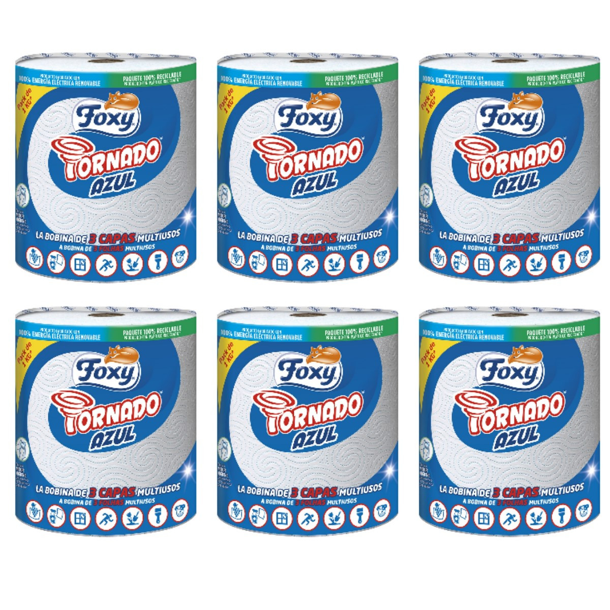 TEMU Foxy Tornado Azul Papel Multiusos -Papel de Cocina Pack de 6 Rollos