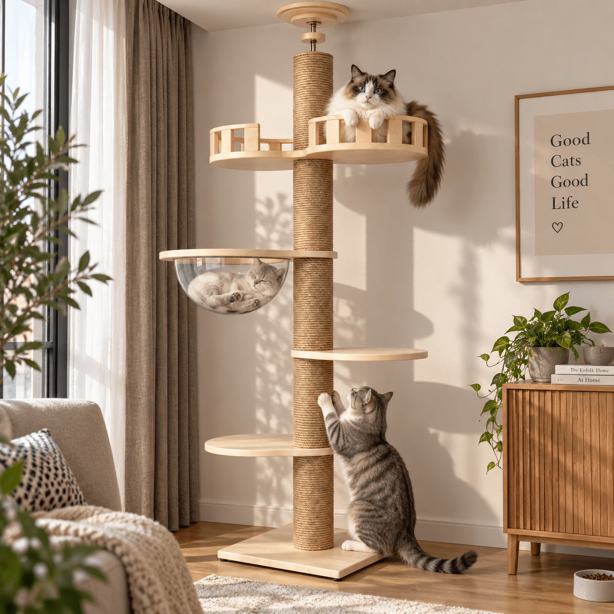 TEMU Arbre à Chat Réglable en Hauteur jusqu’à 265 cm, Tour au Plafond avec Griffoir en Sisal, Hamac Transparent et Plateformes Multi-Niveaux, Base 40