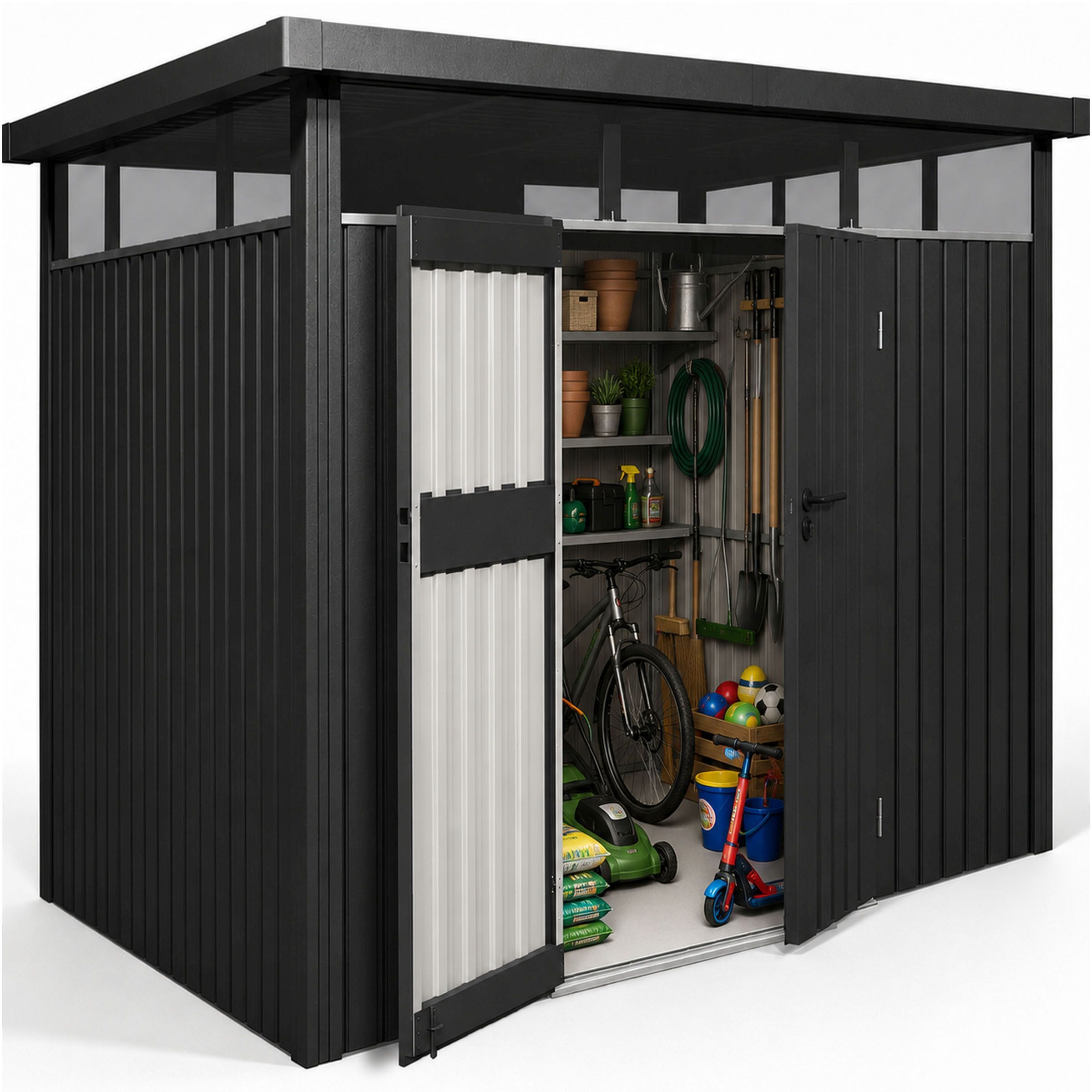 Image of Equipment House - Metal Equipment Shed With Doors & Windows - Weatherproof & Lockable - Bicycle Garage, Garden House, Garden Hut, Shed
