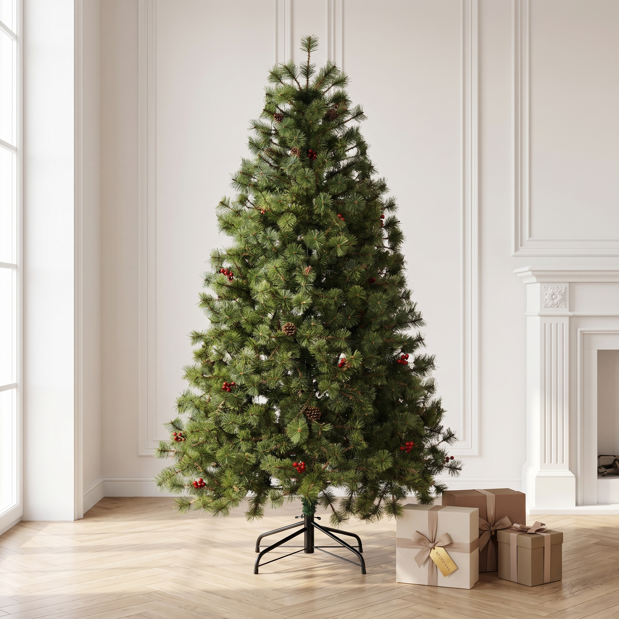 TEMU MEJORADA Árbol de Navidad Automontable Pino Con Piñas y Rojos Abeto Extra Relleno 150-210cm Arboles Con Soporte Metálico