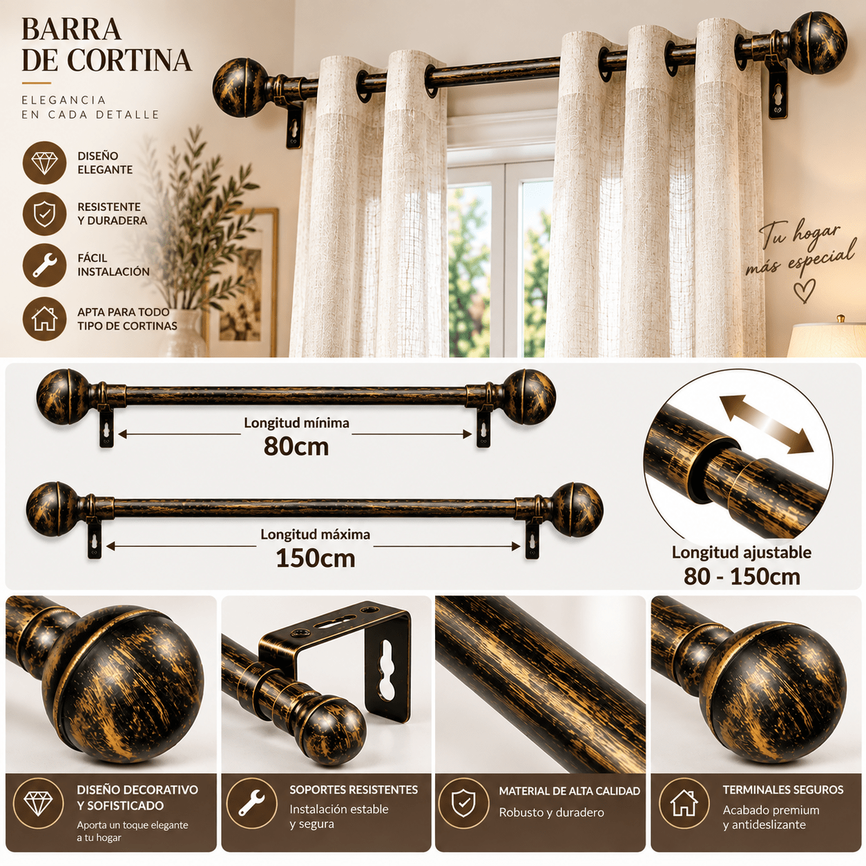 TEMU Barra de Cortina Extensible, Barra para Cortinas Ajustable con Soportes, Barra Decorativa Resistente con Terminales Ornamentales para Ventanas,