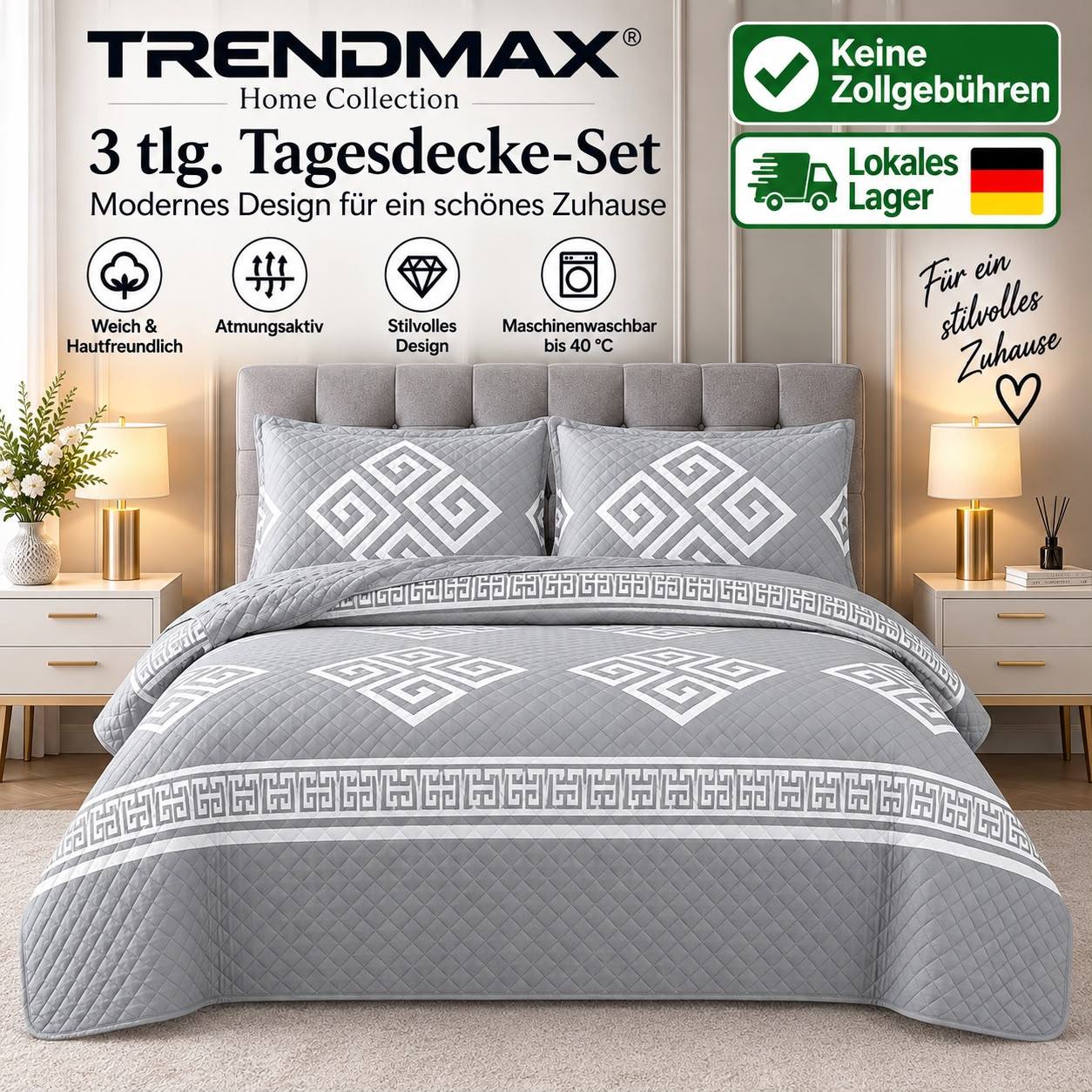 Image of 3pcs Daybed Set, 220 × 240 Cm – Quilted Bed Throw For Double Bed With 2 Pillowcases 50 × 70 Cm – Geometric Pattern With Meander Border – Bedspread For The Bedroom