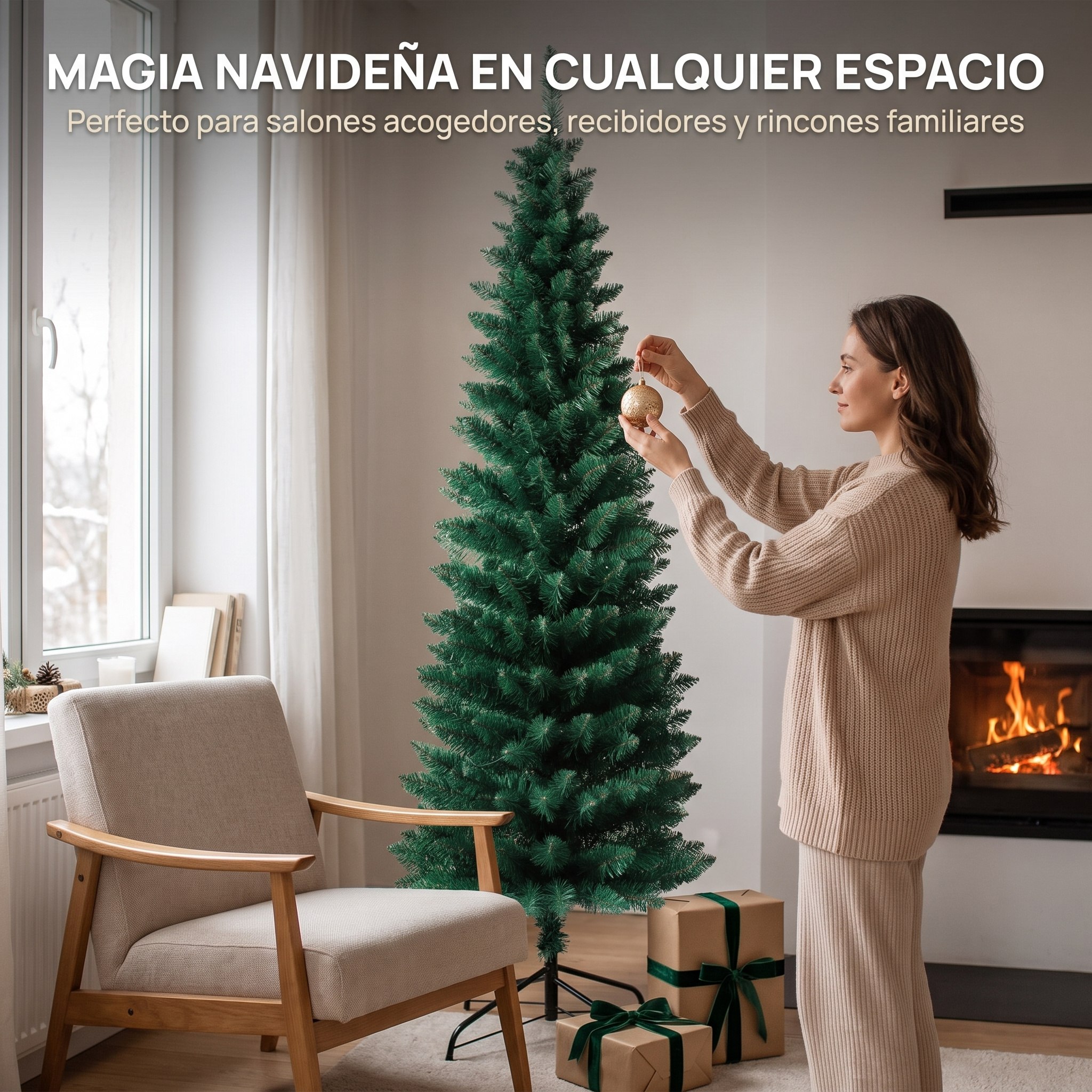 TEMU Árbol de Navidad SLIM/ Artificial Fino de Hoja Espumillón 150-210cm Arboles C/Soporte Metálico