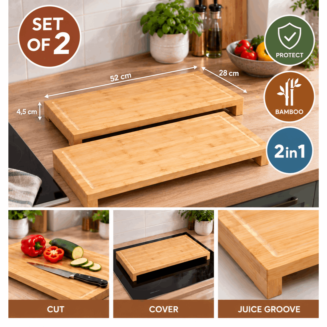 TEMU Lot de 2 cache-plaques en bambou – Planches à découper et protections pour plaque de cuisson – 52 x 28 cm