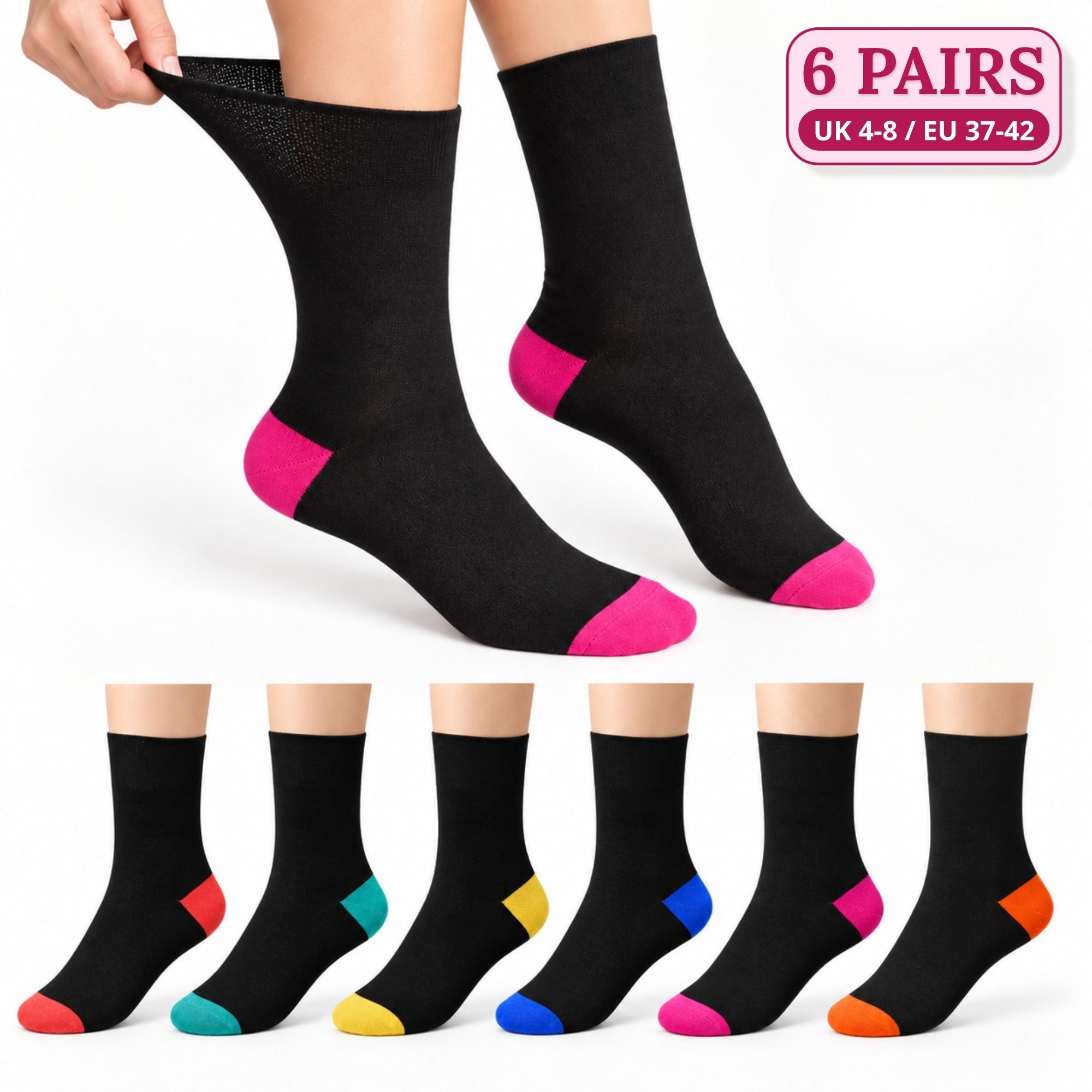 TEMU 6 Pairs Women’s Diabetic Socks – Non-binding Extra Wide Top Crew Socks With Coloured Heel & Toe, Breathable Suit Socks For Everyday Wear, Uk 4-8