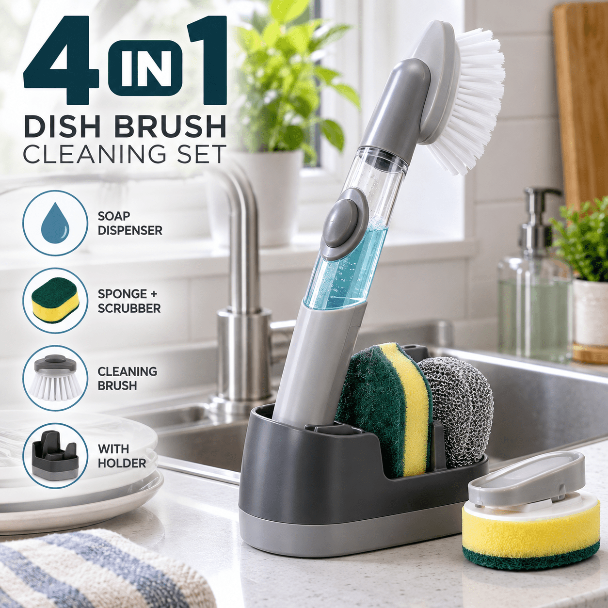TEMU 4 In 1 Dish Brush Cleaning Set, Soap Dispensing Washing Up Brush With Sponge Scrubber, Kitchen Pot Pan Sink Cleaner With Holder
