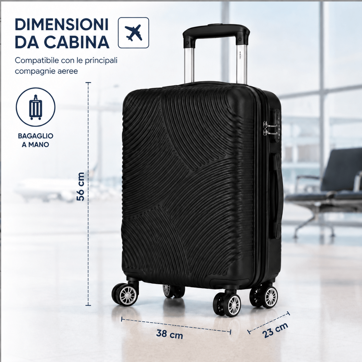 TEMU Cabin Trolley 56 × 38 × 23 Cm – 50 Cm Suitcase Body, 4 Removable 360° Wheels, Telescopic Handle, Black Or Red