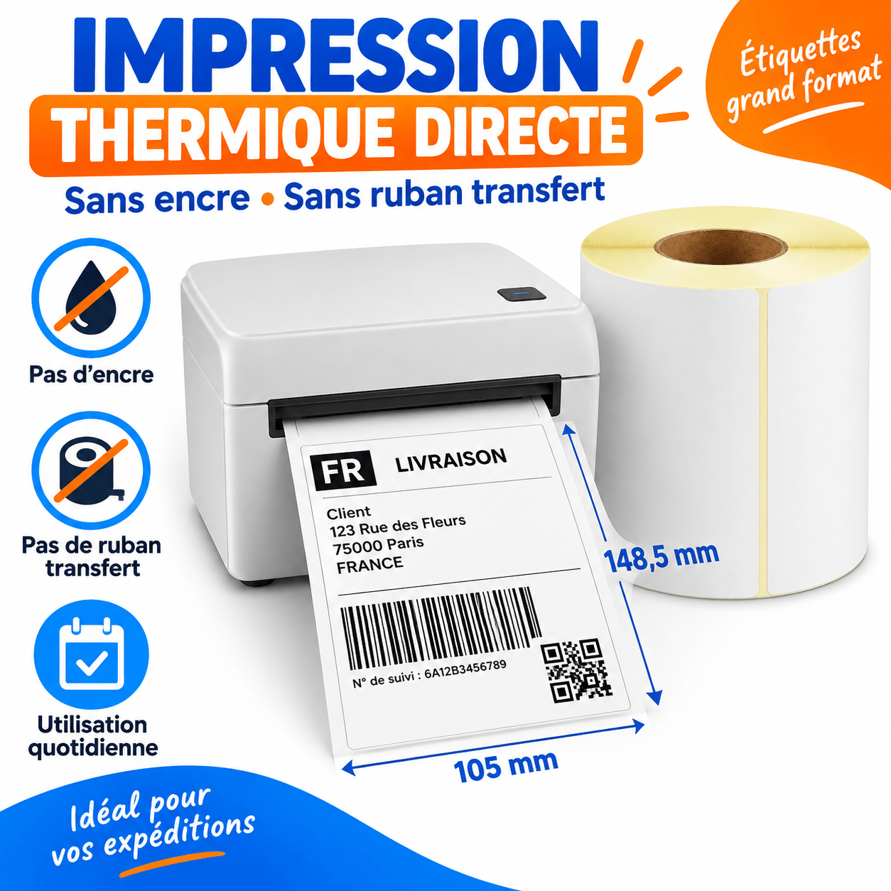 TEMU Étiquettes Thermiques 105 × 148,5 mm, 300 Pièces, 1 Rouleau, Mandrin 40 mm, Format Vertical pour Codes-Barres, QR, Références Produit et