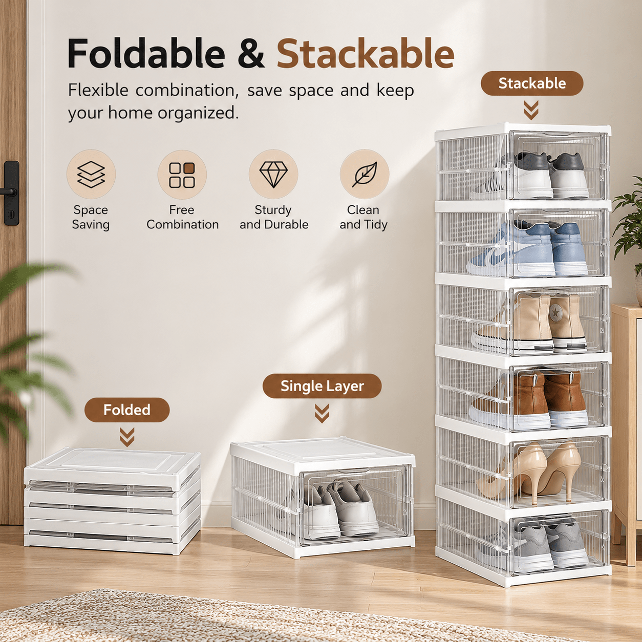 TEMU Meuble à Chaussures Transparent Empilable 6 Niveaux – Boîtes Pliables avec Portes Frontales, Rangement de Place