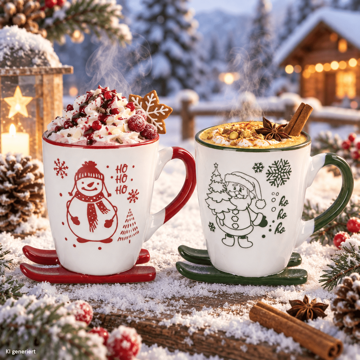 Image of Of Coffee Cups On Skis 330 Ml, 1x Red & 1x Green, Stoneware Cups With Handle For Coffee, Tea, Hot Chocolate, Mulled Wine & Punch, Winter & Christmas, Breakfast