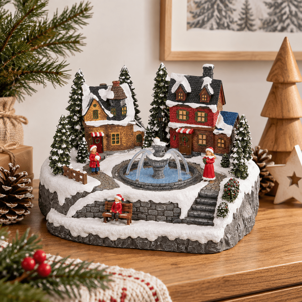 TEMU Village de Noël décoratif enneigé avec fontaine, maisons, et personnages – Décoration miniature de Noël en polyrésine – 25,2 x 21 x 17,2 cm –