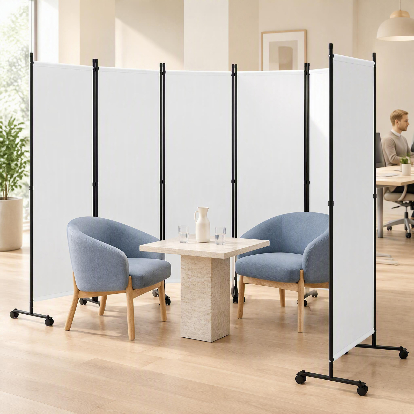 Image of Room Divider, 6-panel Folding Privacy Screen With Lockable Rolling Wheels And Support Feet, Portable Room Partition, Freestanding Fabric Room Divider For Living Room, Home Office And Dining Area