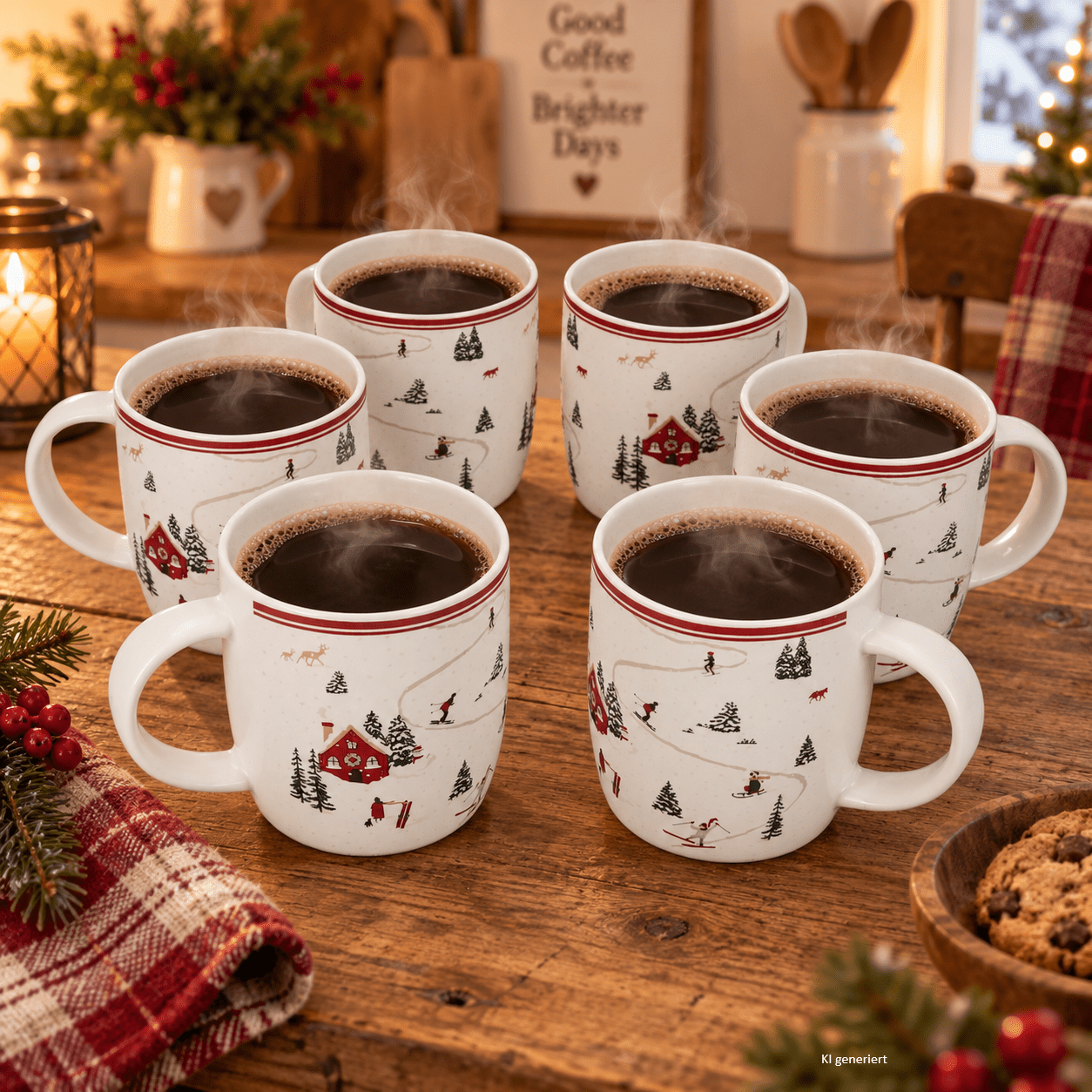 Image of 6pcs Set Of Coffee Cups Chalet 350 Ml Christmas, Stoneware Cups With Winter Landscape For Coffee, Tea, , Cappuccino, Milk Coffee, Mulled Wine, Fire Tongs Punch