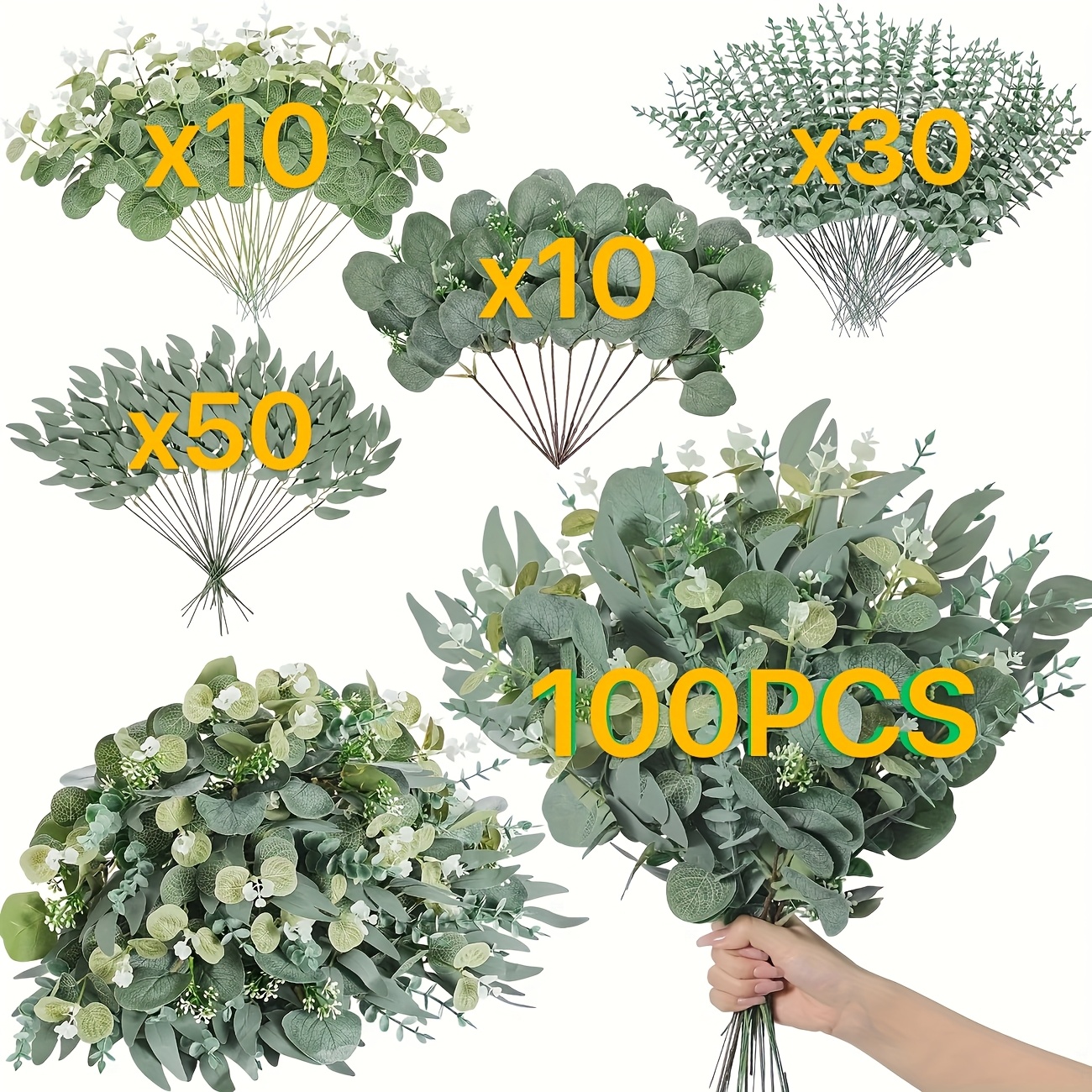 TEMU [100pcs Artificial Eucalyptus] 100pcs Mixed Artificial Greenery Eucalyptus Leaves Stems | Bulk 4kinds Silvery Leaves Picks For Diy Bouquets