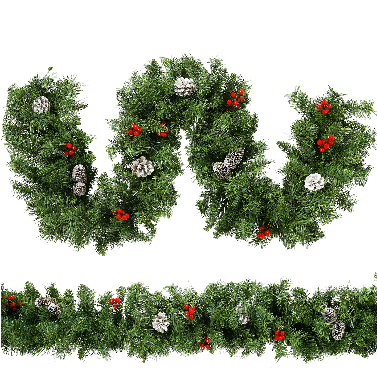 Image of Christmas Garland 180 Cm, Artificial Decorative Garland For Christmas Decoration Indoor Outdoor With Pine Cones And Red Berries, For Staircase, Door, Fireplace