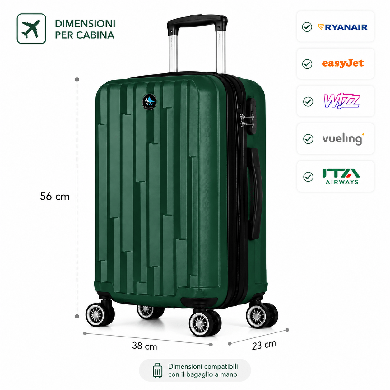 TEMU Trolley Rigido da Cabina 56x38x23 cm, Corpo Valigia 50 Cm, 4 Ruote Rimovibili e 360簞, Serratura a Combinazione, Valigia Verde Scuro