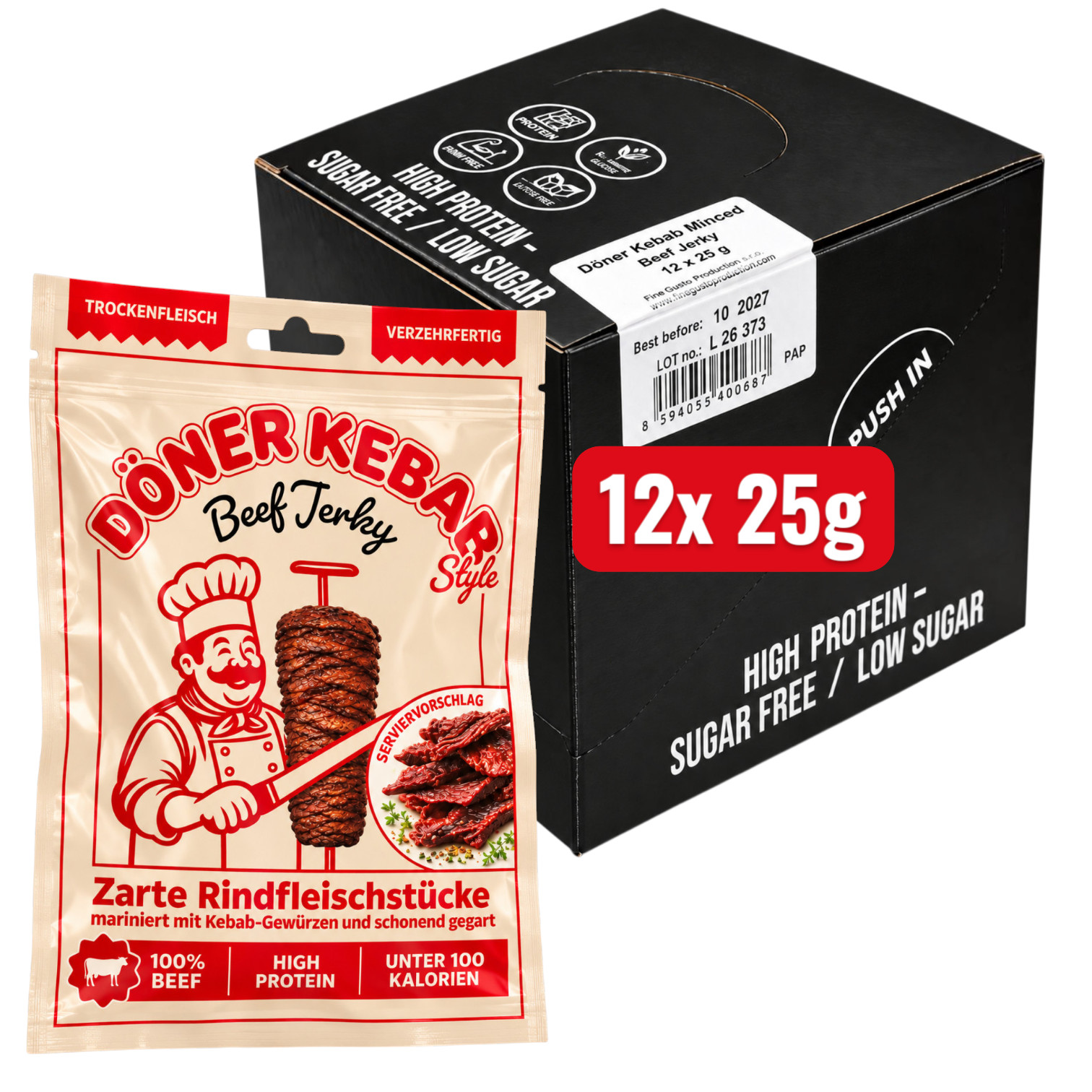 Image of Doner Kebab Style Beef Jerky 12x 25g - Dried Meat Marinated With Kebab Spices – Smoked Protein Snack