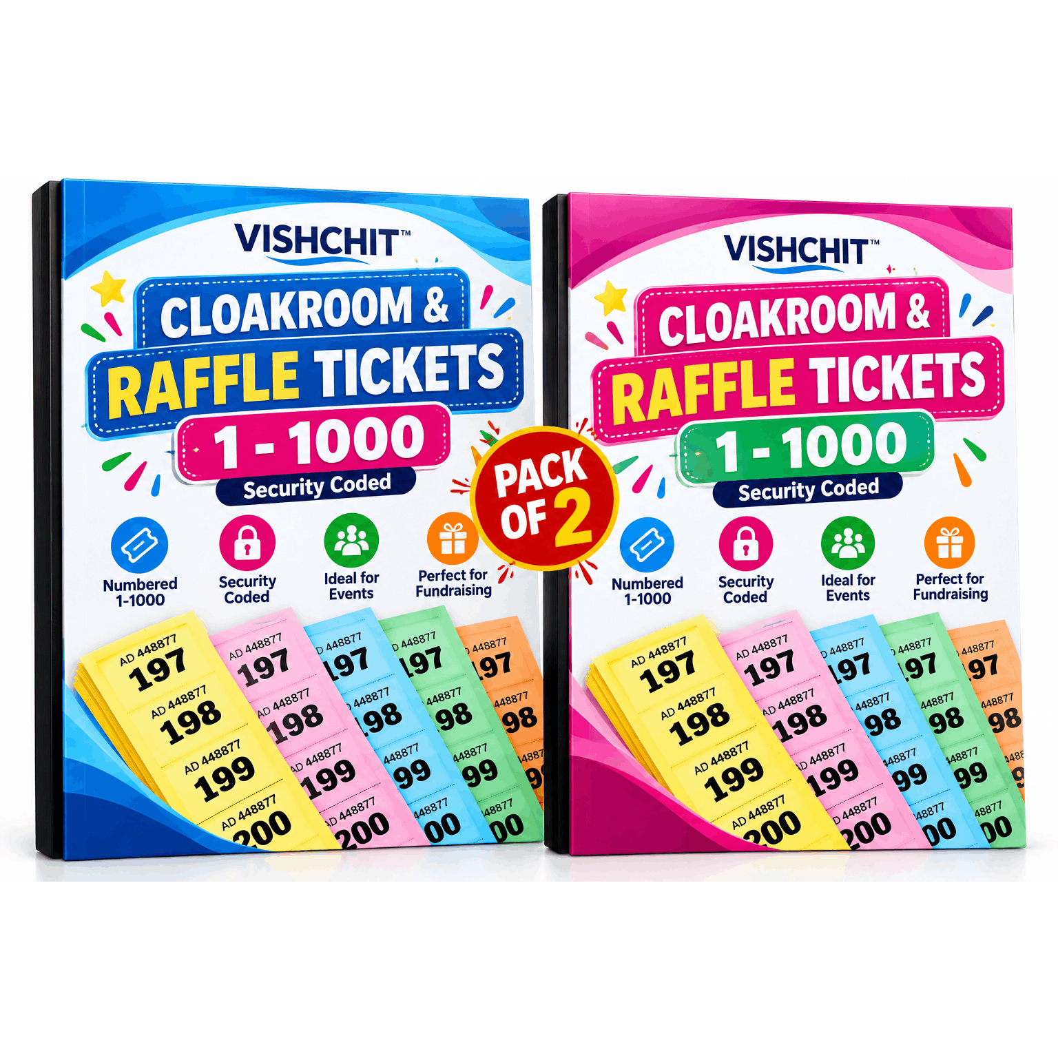 TEMU & -1000, Pack Of 2 Security Coded Numbered Ticket Books, Assorted Colours, , Prize Draw, Fundraising, School Fairs, Parties & Events