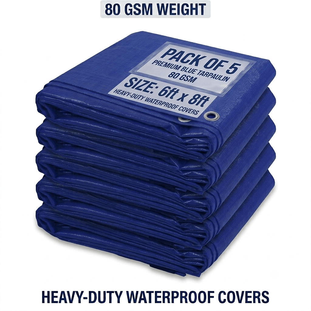 TEMU Pack Of 5 Tarpaulin 2.4m X 1.8m, Blue Water-resistant Tarp 80gsm With Reinforced Eyelets 8ft X 6ft - Waterproof Groundsheet Cover For Camping,