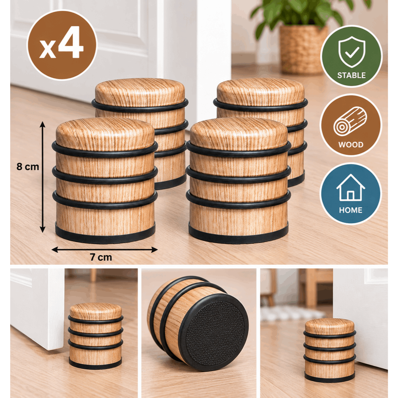 TEMU Lot de 4 butées de porte naturel – Stop porte à poser au sol – Format compact 7 x 8 cm – Protection pour portes