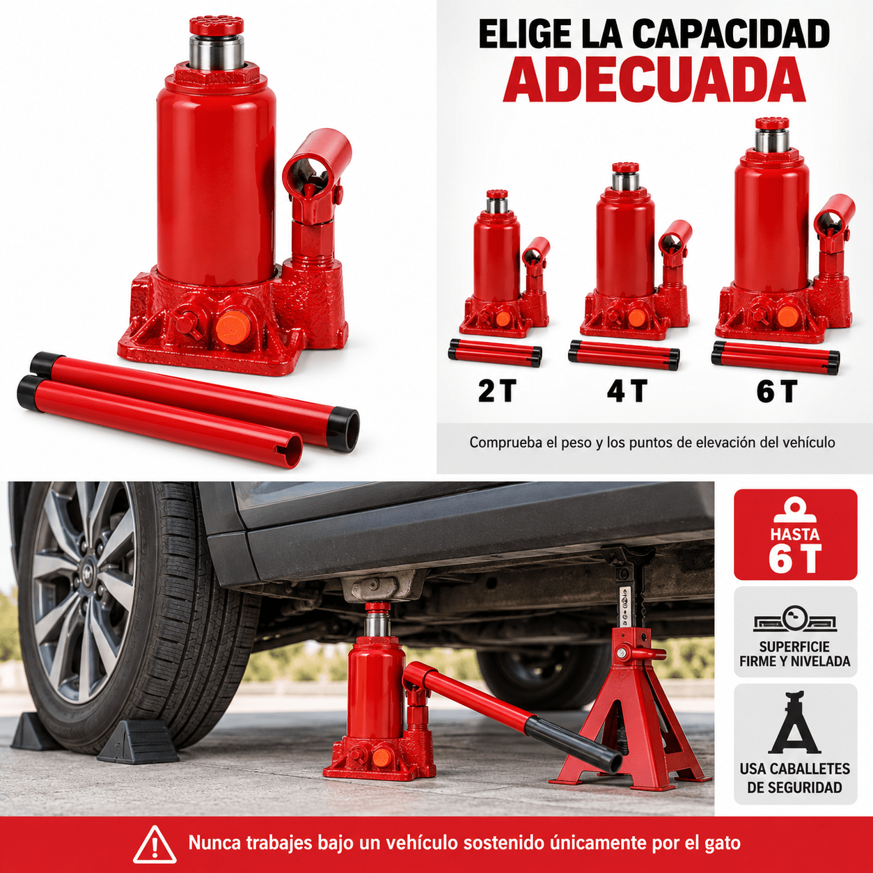 TEMU Gato Hidráulico de Botella 2/4/6 Toneladas para Coche, Elevador Manual de Acero con Palanca, Compacto y Resistente para Cambio de Ruedas y