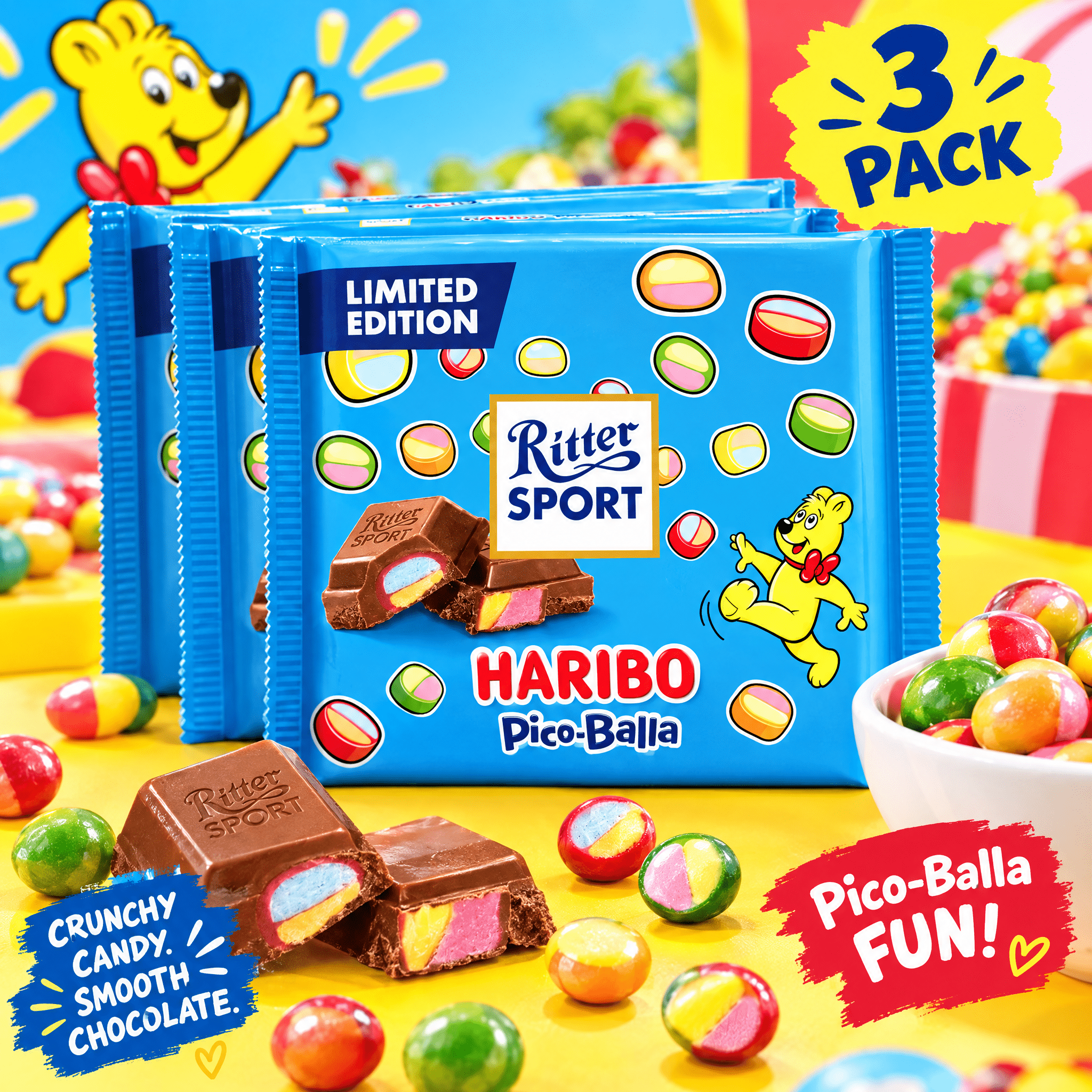 Image of Limited Edition - 3-pack Ritter Sport Haribo Pico-balla Whole Milk Chocolate 3x 100g