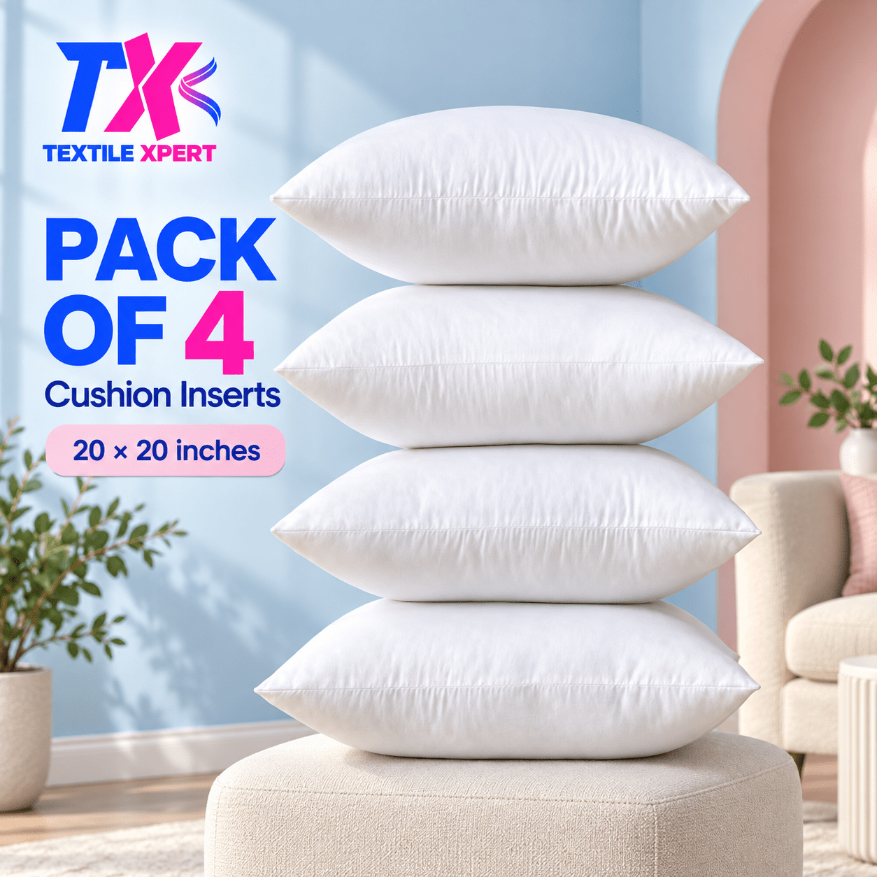 TEMU Textile Xpert Pack Of 4 Cushion Inserts 20×20 Inch, Inner Pads For Sofa, Chair, Bed, Lounge & Decorative Cushion Covers, Home Décor Replacement