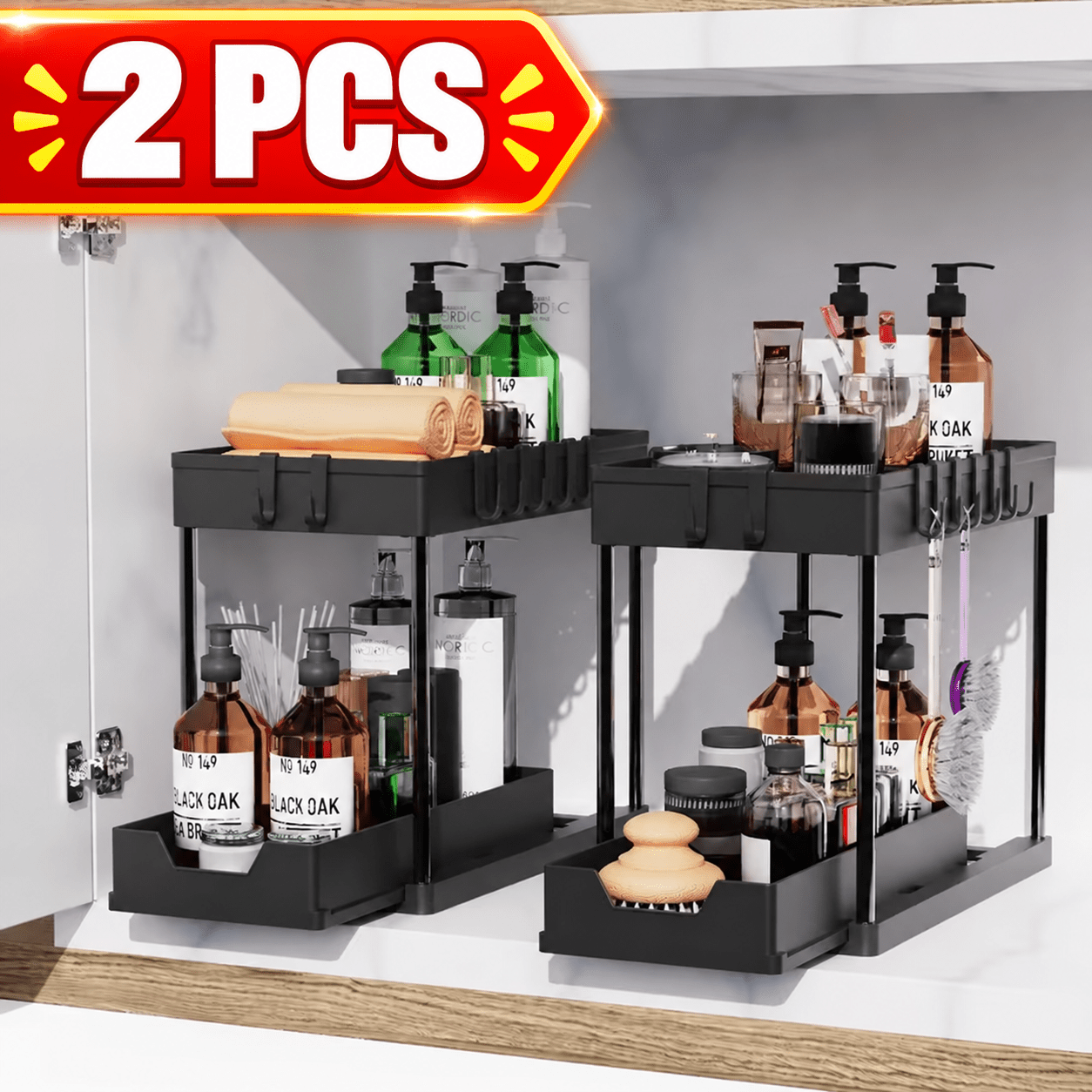 TEMU Lot de 2 organisateurs et rangements sous évier, panier coulissant à 2 niveaux avec crochets, organisateurs et rangements polyvalents sous évier