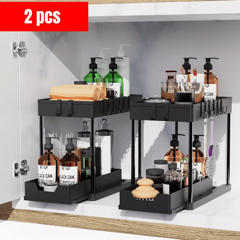 TEMU 2-piece Under-sink Organizer, 2-tier Sliding Basket Organizer With Hooks, Multipurpose Space-saving Solution For Bathroom And Under-sink Cabinet