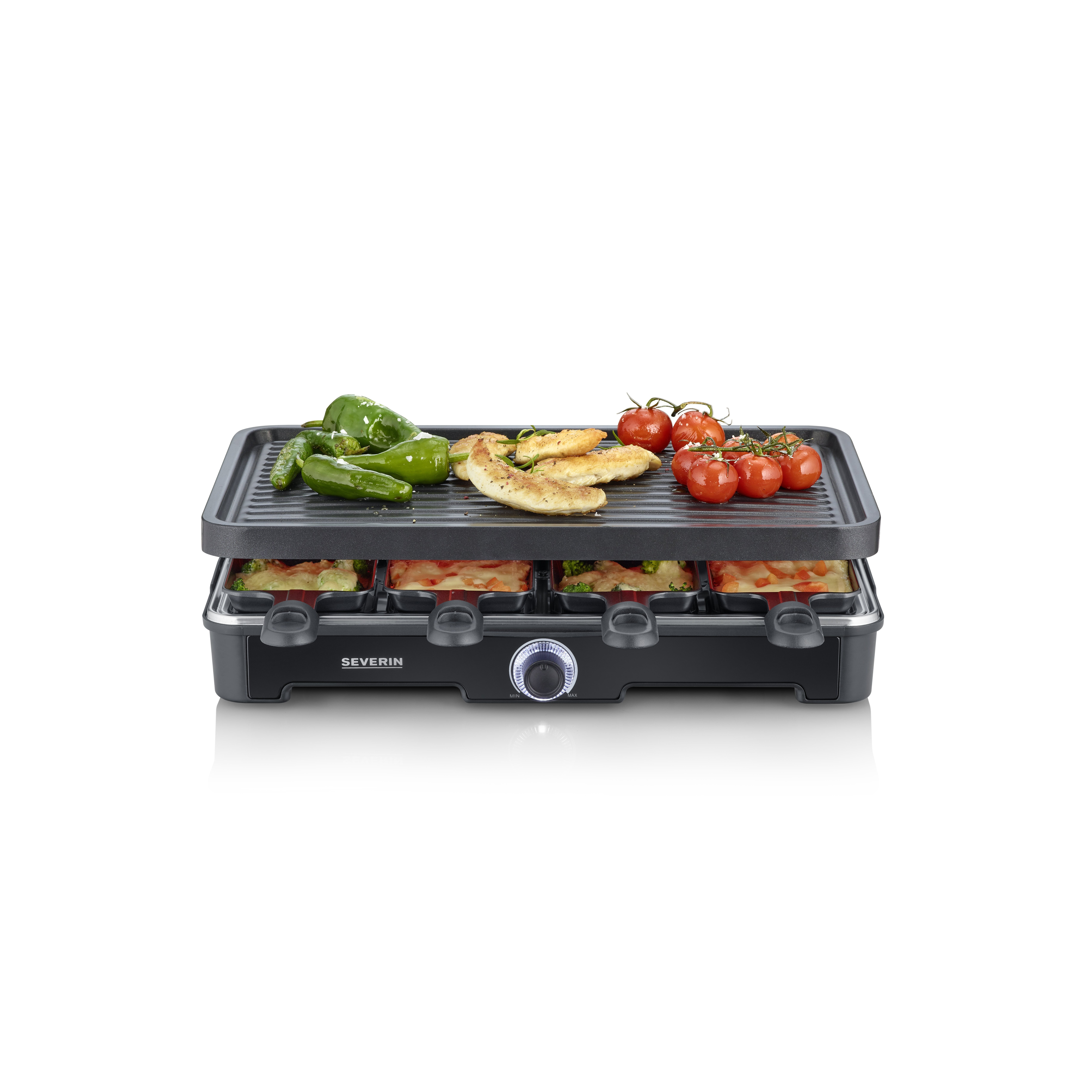 Image of Severin Rg 9670 Raclette Grill - 8 Pans & Spatula, Grill Plate With Ceramic Coating, Adjustable Thermostat - B-stock