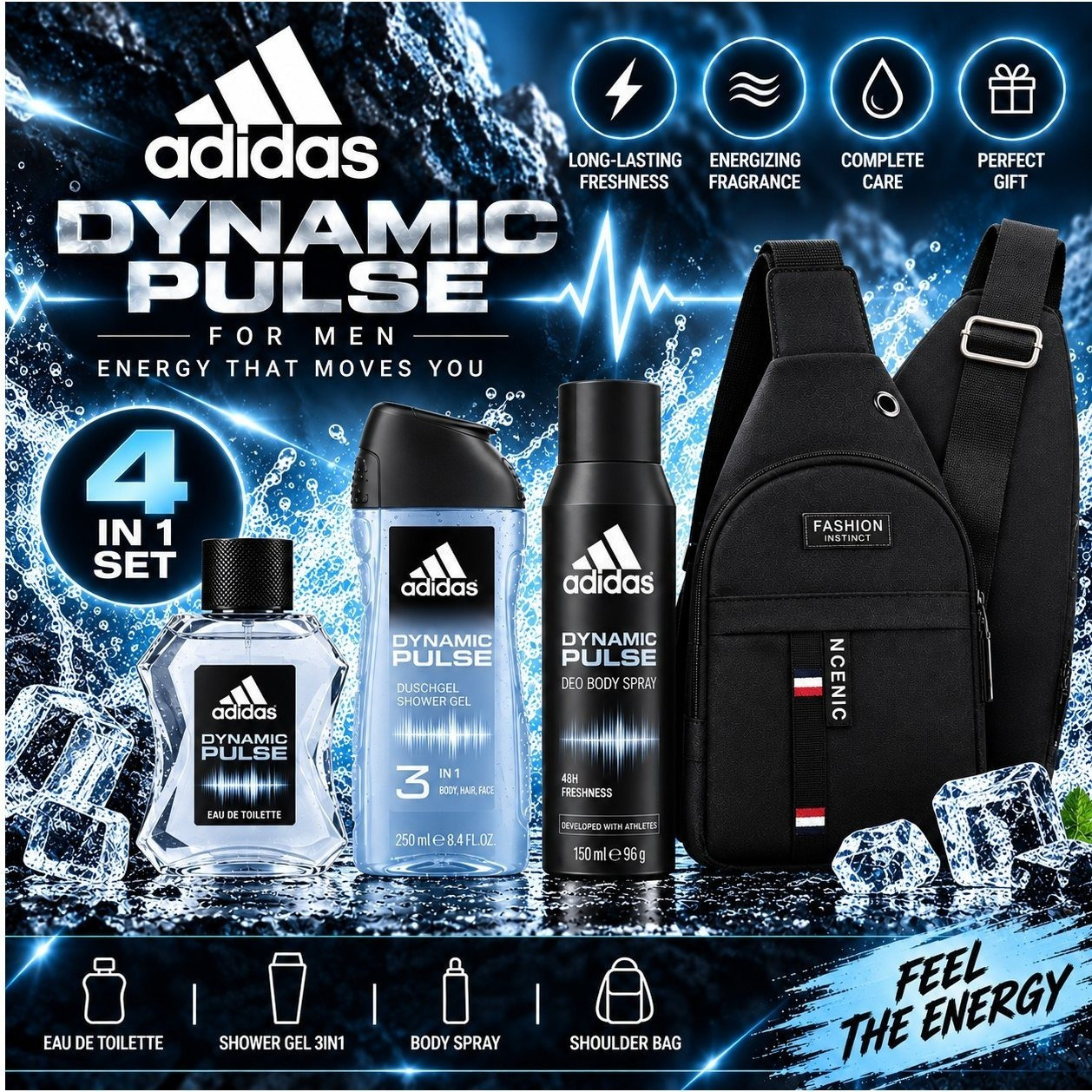 TEMU 4-en-1 Adidas pour Homme – Eau de Toilette + Gel Douche 3-en-1 + Déodorant + Sac Banane Sac à Dos + Emballage Cadeau, Parfait pour les Fêtes,