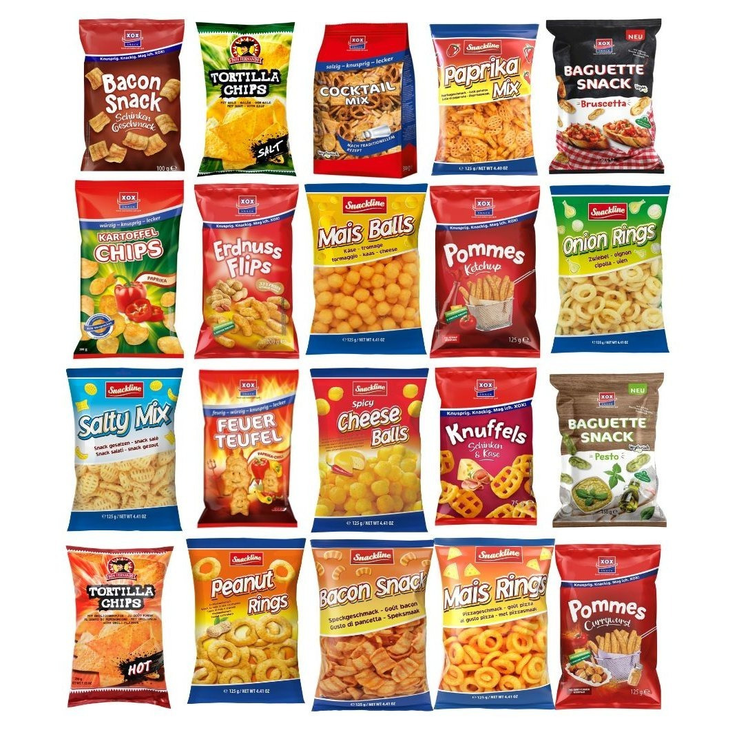 Image of 20-piece Xxl Snack Box – 2950g Snack Mix With Chips, Flips, Rings, Baguette Snacks & More – Assorted Nibbles For Parties, Birthdays, Office & Movie Nights