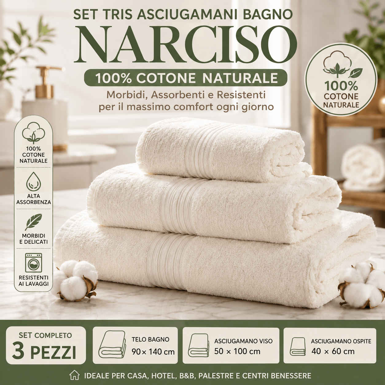 TEMU Tris Asciugamani Bagno 3 Pezzi 100% cotone 90x140 + 50x100 + 40x60 cm