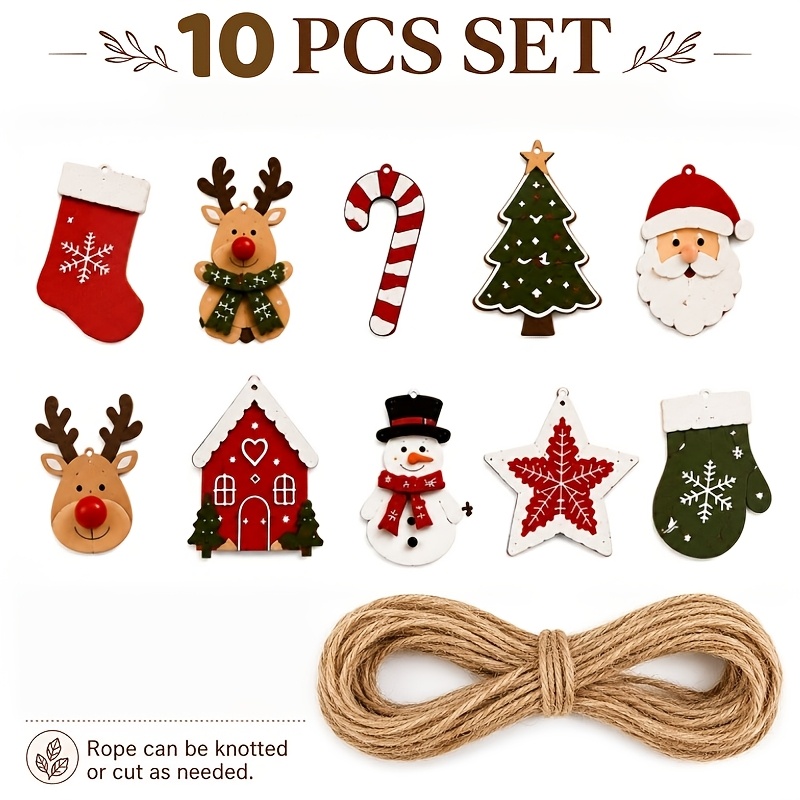 TEMU 10pcs Christmas Wooden Ornaments Set, Country Style Wooden Hanging Decoration Set Including Santa Claus, Reindeer, Snowman, Christmas Tree,